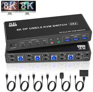 8K@60Hz Displayport USB 3.0 KVM Switch for 4 Computer 2 Monitors, Dual Monitor DP1.4 KVM Switch 4 Port with Audio Microphone Output and 3 USB 3.0 Ports, 8K DP Monitor Switch for 4PC 2 Monitor eokCXOY