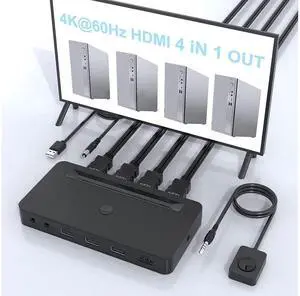 4K HDMI KVM Switch 4 Ports for 4 Computers Share One HD 4K Monitor, 3 USB Devices Keyboard Mouse Printer, 2 3.5mm Headphone Jack, Including 4 HDMI Cable and 1 Remote Controller eokCXOY