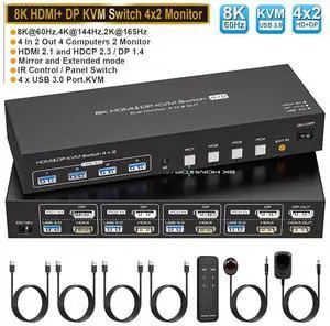 Dual Monitor HDMI + Displayport KVM Switch for 4 Computers 2 Monitors 8K@60Hz 4K@120Hz 4 Port KVM Switches Support 4 PCs Share 4 USB Devices Support Copy and Extend Mode with External Accessories