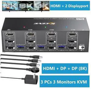 USB 3.0 KVM Switch 3 PC 3 Monitors, [2 Displayport + HDMI] Triple Monitors KVM Switch, 8K@ 60Hz KVM Switch 4K@144Hz, KVM Switch Displayport 1.4 + HDMI 2.1 for 3 PC Share 3 Display and 4 USB 3.0 Device