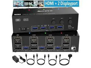 [HDMI + 2 DP] Triple Monitor KVM Switch 3 Computers 3 Monitors, HDMI + 2 Displayport USB 3.0 KVM Switch with 3 PC Share 3 Display and 4 USB 3.0 Devices, Wired Remote and 12V power adapter Included