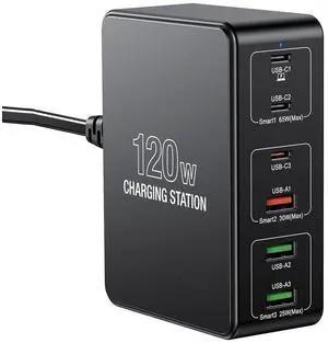 120W USB C Charging Station, Multiport USB Charging Station, Multi USB Charger Station, 6 Ports USB Charging Station for Multiple Devices, USB Charging Hub Compatible with MacBook, Laptop, Smartphones