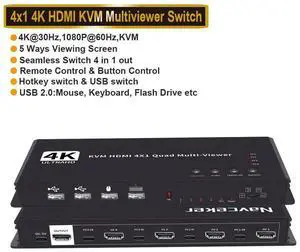 4K HDMI KVM Switch 4x1 Quad Multi Viewer 4 in 1 Out KVM HDMI Processor Screen Multiviewer Seamless for 4 PC Share Mouse Keyboard eokCXOY