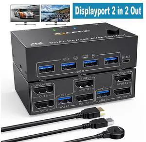 2 Port Dual Monitor DisplayPort KVM Switch 8K @30Hz 4K @60Hz, 2 in 2 Out Displayport KVM Switch for 2 PC 2 Monitors, KVM Switches with 4 USB 3.0 Ports, with DP + USB Cable and Desktop Controller
