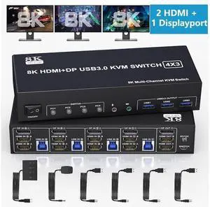 KVM Switch 3 Monitors 4 Computers 8K@60Hz 4K@144Hz, 2 HDMI +1 DisplayPort Triple Monitor KVM Switch for 4 Computer with Audio and 3 USB 3.0 Ports, KVM Triple Monitor Keyboard Mouse Switcher eokCXOY