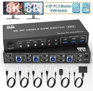 8K@60Hz Displayport USB 3.0 KVM Switch 2 Monitors 4 Computers, DP1.4 KVM Switch Dual Monitor with Audio Microphone Output and 3 USB 3.0 Ports, 4 Port Displayport KVM Switch for 4 PCs 2 Monitors