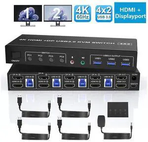 4K@60Hz Displayport + HDMI Dual Monitor KVM Switch 4PCs, USB 3.0 KVM Switch 2 Monitors 4 Computers, with Audio Microphone Output and 3 USB 3.0 Ports, HDMI+DP Monitor Switch for 4 PCs 2 Monitors