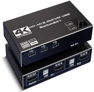 4K @60Hz HDMI 2.0 KVM Switch 2 in 1 Out HDMI Selector Box with 3x USB2.0 Ports for Two Computers Share One Set Keyboard Mouse Printer and HD Monitor 2 In 1 Out HDMI2.0b KVM Switch eokCXOY