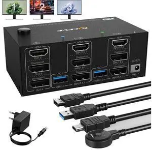 USB 3.0 HDMI + 2 DisplayPort KVM Switch 3 Monitors 2 Computers, 8K@60Hz KVM Switch 4K@144Hz, KVM Switch Displayport 1.4 + HDMI 2.1 for 2 PC Share Mouse, Keyboard and 3 Monitors, with Wired Remote
