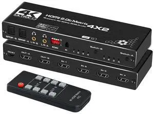 4K HDMI Matrix Switch 4 in 2 Out ,4X2 Video Switcher Splitter, 2xOptical SPDIF and 2x3.5mm L/R Audio Output with IR Remote Controller,Support 4K@60Hz 3D 18.5Gbps, HDMI 2.0b, HDCP 2.2,HDR10 eokCXOY