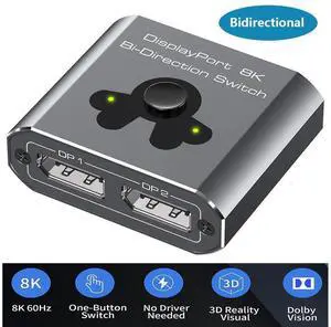 2 Port DisplayPort Switch Bidirectional, 8K Bi-Direction Display Port Switch 2 in 1 Out / 1 in 2 Out Manual Switch DP Switcher Selector Box Support 8K@60Hz 4K@120Hz for PC/Laptop/Game Console eokCXOY