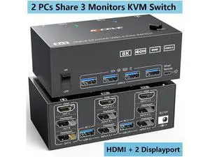 Triple Monitors 2 DisplayPort + HDMI KVM Switch, 8K@60Hz 4K@144Hz, USB 3.0 HDMI + 2 DP KVM Switch 2 PC 3 Monitors, KVM Switch DisplayPort1.4 + HDMI 2.1 for 2 PC Share Mouse, Keyboard and 3 Monitors