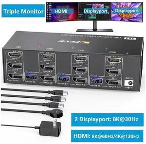 KVM Switch 3 Computers 3 Monitors, HDMI + 2 DisplayPort Triple Monitor USB 3.0 KVM Switcher, 8K@30Hz/4K@144Hz HDMI+2 DP KVM for 3 PC Share 3 Display and 4 USB3.0 Devices, Wired Remote Included eokCXOY KVM Switch 3 Computers 3 Monitors, HDMI + 2 DisplayPort Triple Monitor USB 3.0 KVM Switcher, 8K@30Hz/4K@144Hz HDMI+2 DP KVM for 3 PC Share 3 Display and 4 USB3.0 Devices, Wired Remote Included eokCXOY