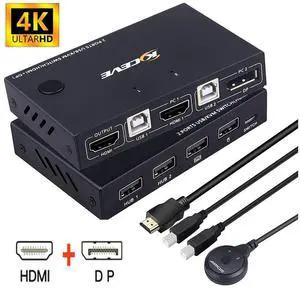 2 Port HDMI +DisplayPort KVM Switch for 2 Computers, DP HDMI USB KVM Switch for 2 Computers Share One Set Keyboard Mouse Printer and One Monitor, DP Support for 1920*1200 @30Hz HDMI Support 4K @30Hz