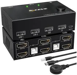 2 Port Dual Monitor HDMI KVM Switch 4K @30Hz, HDMI USB KVM Switch for 2 PCs 2 monitors with 4 USB 2.0 Hub, KVM switch with 2 HDMI and 2 USB cables, Button Switch, Compatible with Windows/Linux/Mac OS