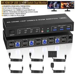 USB 3.0 Displayport + HDMI Dual Monitor KVM Switch 2 Monitors 4 Computers, 4K@60Hz KVM Switch 4 in 2 Out for 4 PC Share Keyboard Mouse with Audio Microphone and 3 USB 3.0 Ports, DP + HDMI KVM Switch