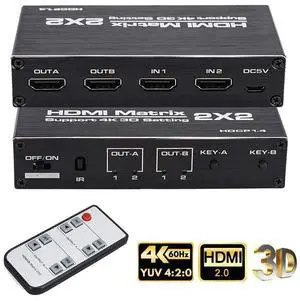2x2 Matrix HDMI Switch 4K 60Hz, 4K@60Hz 2in 2out HDMI Matrix Switch with IR Remote Control, Support HDMI 2.0b, HDCP 1.4 , HDR, Ultra HD, 3D , 18Gbps,YUV 4:2:0,(OZJ3) eokCXOY