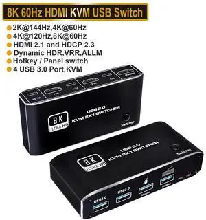 HDMI2.1 KVM Switch 2 in 1 Out 8K@60Hz HDMI USB-C KVM Switch with 2 PCs Share 1 Set of Keyboard, Mouse, 2 USB3.0 Hubs Compatible with Windows and Mac OS X eokCXOY