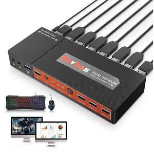 Dual Monitor HDMI KVM Switch 2 Port Extended Display, 4K @60Hz 4:4:4 KVM Switch 2 Monitors 2 Computers with 3x USB 3.0 Hub, Audio, Hotkey & Button Switching with 4 HDMI 2 USB Cables & Power Adapter
