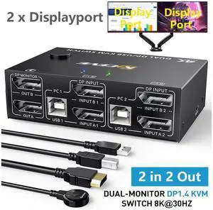 2 Port Displayport KVM Switch Dual Monitor, 8K@30Hz DisplayPort1.4 KVM Switch 2 in 2 Out, DP Extended Display KVM Switch for 2 Computers Share 2 Monitors and 4 USB 2.0 Ports, Wired Remote and 4 Cables