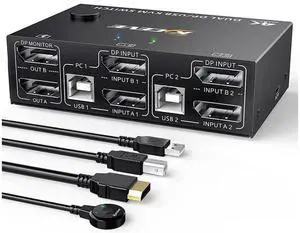 2 Port DP KVM Switch Dual Monitor DisplayPort 1.4 8K @30Hz 4K @144Hz 2 in 2 Out, DP1.4 KVM Switch and 4 USB HUBs for 2 Computers, Backward Compatible DP1.2 with DP+USB Cables and Wired Controller