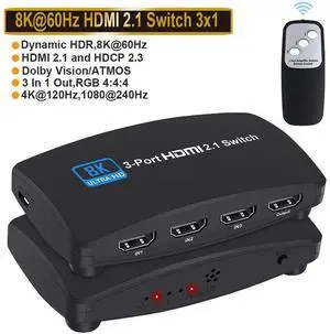 8K@60Hz HDMI 2.1 Switch, HDMI Switch 3 in 1 Out, 3-Port HDMI Switcher Selector, Supports 4K@120Hz, 1080P@240Hz, 1080P@120Hz for Fire Stick, HDTV, PS4/5, Game Consoles with Remote Control eokCXOY