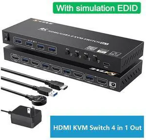 USB 3.0 HDMI KVM Switch 4 Port Support 4K@60Hz 2K@120Hz RGB 4:4:4 Simulation EDID, HDMI KVM Switch 4 in 1 Out with 4 USB 3.0 Port for Keyboard Mouse Printer,with Controller, USB 3.0 and HD-MI Cable