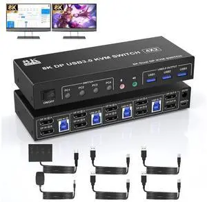 8K@60Hz USB 3.0 Displayport KVM Switch 2 Monitors 4 Computers, Dual Monitor KVM Switch 4 in 2 Out with Audio Output and 3 USB 3.0 Ports, 4 Port Dual Monitor Displayport KVM Switch for 4 Computers