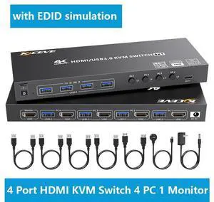 HDMI KVM Switch 4 Computers 4K@60Hz 2K@120Hz, Simulation EDID, 4 Port HDMI USB 3.0 KVM Switches for 4 PC Share 1 Monitor and Keyboard Mouse Printer,with Wired Remote,12V Power Adapter and 5 Cables