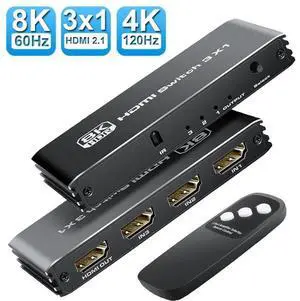 3 Ports 8K HDMI 2.1 Switch 3 in 1 Out 4K@120Hz 8K@60Hz HDMI Switcher Splitter with Remote, Support VRR ALLM Auto-Switching HDR 10 Dolby Vision/Avmos, for PS5/4, Xbox, PC, Apple-TV eokCXOY