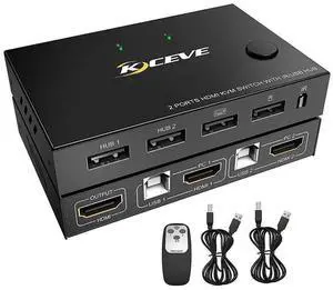 2 Ports HDMI KVM Switch, KVM Switch HDMI 2 Port USB 2.0 Switcher Box 2 in 1 Out HDMI Switch for 2 Computers Share Keyboard and Mouse Support 4K @30Hz, with Remote Control and 2 USB 2.0 Cable eokCXOY