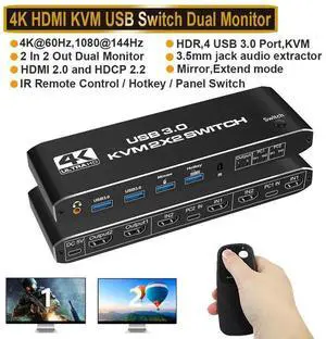 4K@60Hz HDMI KVM Switch 2 in 2 Out, 2 Port Dual Monitor HDMI KVM Switch for 2 Computers 2 Monitors, USB 3.0 PC Computer KVM Switch Keyboard Mouse Switcher Box for Laptop,PS4,Xbox (with Audio) eokCXOY