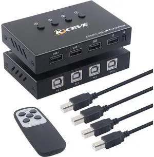 USB 2.0 Switch Selector, 4 in 4 Out USB HUB KVM Switcher for 4 Computers Sharing 4 USB Devices For Mouse, Keyboard, Scanner, Printer, With Remote control (Battery not included) eokCXOY