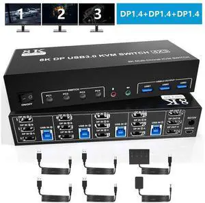 8K@60Hz USB 3.0 Displayport KVM Switch 3 Monitors 4 Computer, DP1.4 Triple Monitor KVM Switch with Audio Microphone Output and 3 USB 3.0 Port, KVM Triple Monitor Keyboard Mouse Switcher for 4PCs 8K@60Hz USB 3.0 Displayport KVM Switch 3 Monitors 4 Computer, DP1.4 Triple Monitor KVM Switch with Audio Microphone Output and 3 USB 3.0 Port, KVM Triple Monitor Keyboard Mouse Switcher for 4PCs