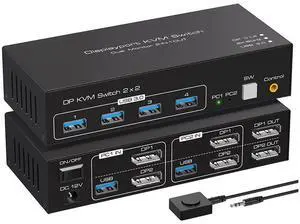2 Port Dual Monitor Displayport KVM Switch, 2 in 2 Out DP1.4 KVM Switch for 2 Computers 2 Monitors Share Keyboard Mouse Printer Support 4K @120HZ 8K @60HZ with 4 Port USB 3.0 Support Desktop Control