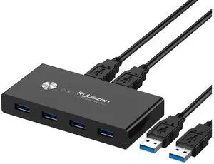 USB 3.0 Switch Selector, KVM Switch Adapter 4 Port 2 Computers, USB Peripheral KM Switcher Box Hub for Mouse Keyboard Scanner Printer PC, with One Button Swapping and 2 Pack USB Cable eokCXOY