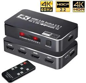 4K HDR HDMI Switch, HDMI Switcher 5x1 5 in 1 Out Ports 4K 60Hz HDMI 2.0 Switcher Selector with IR Remote, Supports Ultra HD Dolby Vision, High Speed (Max to 18.5Gbps), HDR10, HDCP 2.2 & 3D eokCXOY