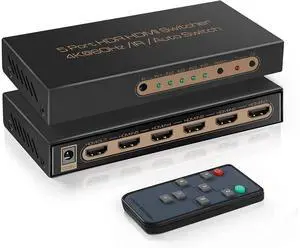 4K @60HZ HDMI Switch 5x1, HDMI 2.0 Switch 5 in 1 Out, 4K HDMI Switch with Remote Control Support Auto Switch, 3D, HDR 10, 18Gbps, HDCP 2.2 for PS5, Xbox, DVD, Monitor eokCXOY