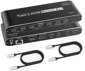 2 Port Type-C [HDMI or Displayport Out] KVM Switch, USB C KVM Switch with 7 USB-A Ports, 2 USB-C Charging 100W, RJ45, 3.5mm Jack, Thunderbolt KVM Supports 4K@60Hz with HDMI and DP Output for Laptop