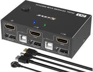 Dual Monitor KVM Switch HDMI and DP 2 Port 4K @60Hz, Extended Display Switcher for 2 Computers Share 2 Monitors (1 Displayport and 1 HDMI) with 4 USB 2.0 Hub, Desktop Controller and USB HDMI DP Cables
