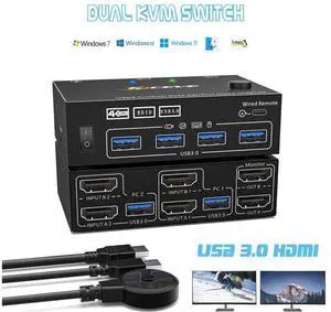 USB 3.0 HDMI KVM Switch for 2 Computers 2 Monitors 4K@60Hz 2K@144Hz, EDID Emulator, Dual Monitor HDMI KVM Switch for 2 PC Share 2 Displays and 4 USB 3.0 Ports, Wired Remote and USB Cables Included USB 3.0 HDMI KVM Switch for 2 Computers 2 Monitors 4K@60Hz 2K@144Hz, EDID Emulator, Dual Monitor HDMI KVM Switch for 2 PC Share 2 Displays and 4 USB 3.0 Ports, Wired Remote and USB Cables Included