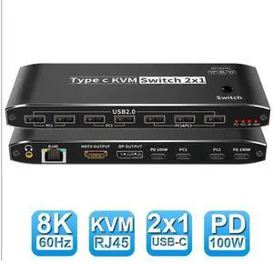 2x1 Type C KVM Switch, 8K Thunderbolt 4 USB C KVM Switch with Ethernet Port RJ45 100W PD Charge 4K 144Hz Type C KVM Switch Switcher for 2 Computer 1 Monitor eokCXOY