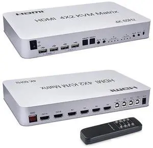 4 Port USB HDMI KVM Matrix 4x2 Dual Monitor 4K @60Hz HDR Switch Splitter 4 in 2 Out HDMI 2.0 Switcher for USB 2.0 Keyboard Mouse PC with Dual Independent Audio, Support Auto Scale, Audio Extractor