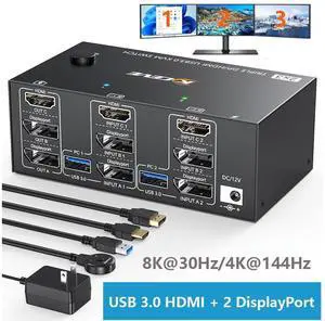 HDMI + 2 DisplayPort KVM Switch 2 PCs 3 Monitors, 8K@30Hz/4k@144Hz Triple Monitor 2 DP + HDMI KVM Switch for 2 Computer Share 3 Display and 4 USB 3.0 Devices, Wired Remote and USB Cables Included