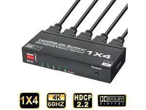 1x4 HDMI Splitter, 1 in 4 Out HDMI Splitter Audio Video Distributor Box Support 3D & 4K x 4K@60Hz HDR10 EDID Compatible for HDTV, STB, DVD, PS3, Projector Etc eokCXOY