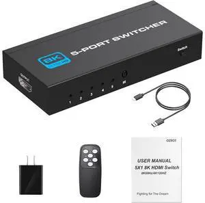 HDMI 2.1 Switch 5X1, Ultra HD 8K HDMI Switch Box with Remote Supports 4K@120Hz, 8K@60Hz Auto CEC 3D HDCP2.3, 5 Port HDMI Switcher Compatible with PS5/4/3, Xbox,Fire Stick, TV,Projectors eokCXOY