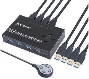 4 Port USB 3.0 Switch 4 in 4 Out, USB Switch Selector 4 Computer Sharing 4 USB Devices KVM Switcher for Share Printer, Scanner,Mouse, Keyboard, Compatible with Mac/Windows/Linux, with 4 USB 3.0 Cables