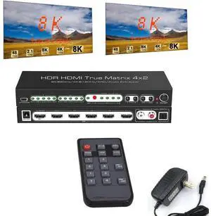 8K @60Hz HDR UHD HDMI Matrix Switcher 4x2, Dolby Version 48Gbps CEC ARC 8K 7680x4320P HDMI Splitter Switch 4 in 2 Out, 4K @120Hz VRR HDMI Matrix Support PS5 Xbox eokCXOY