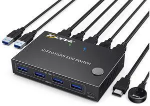USB 3.0 HDMI KVM Switch 2 in 1 Out for 2 PC 1 Monitors, 4K @60Hz Simulation EDID USB 3.0 KVM Switch, HDMI KVM Switches 2 Port Share 4 USB 3.0 Devices Wireless Mouse Keyboard Printer, with Wired Remote