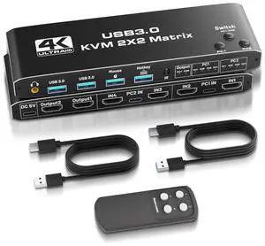 USB 3.0 HDMI KVM Switch 2 Monitors 2 Computers, HDMI Matrix 4 in 2 Out 4K 60Hz, HDMI KVM Switch for Dual Monitor, 4 Port HDMI Switcher Support USB 3.0,HDCP2.3, Hotkey,Extended with Remote Control